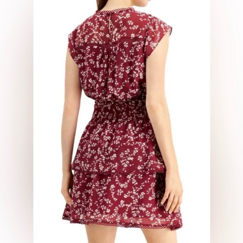 Patterned Burgundy/Cream Layered Dress w/ Flowy Skirt and Short Sleeve (Medium) - Picture 9 of 14